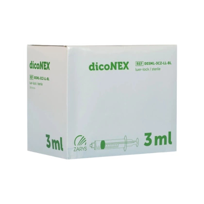 Strzykawka trzyczęściowa 3 ml LL, zielony tłok (100 szt.) - dicoNEX