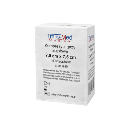 Kompresy gazowe 13. nitkowe 8. warst. 7,5 x 7,5 cm (100 szt.) - TransMed