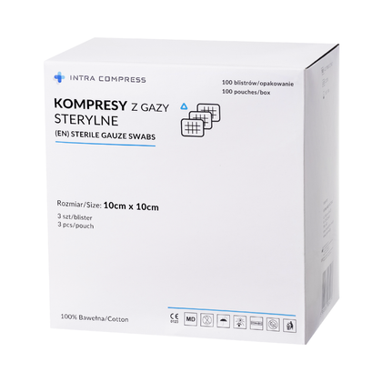 Kompresy gazowe 17. nitkowe 8. warst. 10 x 10 cm (op. 100 x 3 szt.) sterylne - Intra Med