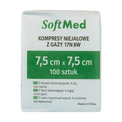 Kompresy gazowe 17. nitkowe 8. warst. 7,5 x 7,5 cm (100 szt.) - SoftMed