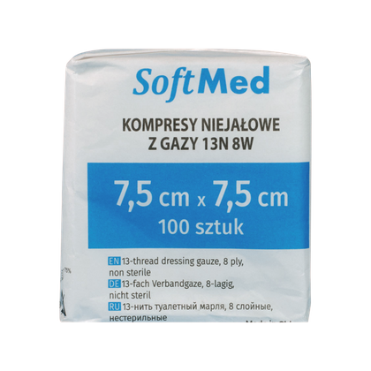 Kompresy gazowe 17. nitkowe 8. warst. 7,5 x 7,5 cm (100 szt.) - SoftMed