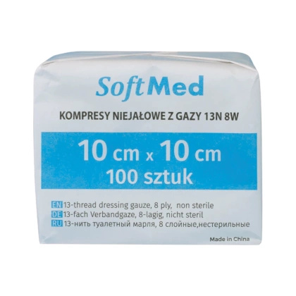 Kompresy gazowe 13. nitkowe 8. warst. 10 x 10 cm (100 szt.) - SoftMed