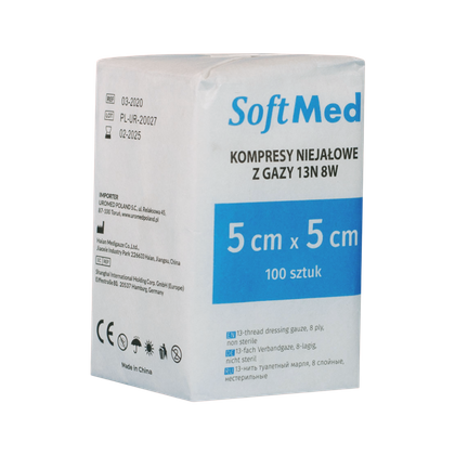 Kompresy gazowe 13. nitkowe 8. warstwowe 5 x 5 cm (100 szt.) - SoftMed