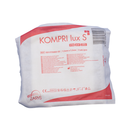 Kompresy gazowe 17. nitkowe 8. warst. KOMPRI lux S 7,5 x 7,5 cm (50 x 3 szt.) STERYLNE - Zarys