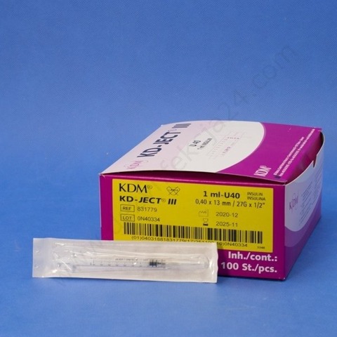 Strzykawka trzyczęściowa 1 ml do insuliny U-40 z igłą 0,4 x 13 mm (100 szt.) - KD-JECT