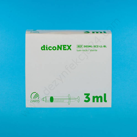 Strzykawka trzyczęściowa 3 ml LL, zielony tłok (100 szt.) - dicoNEX